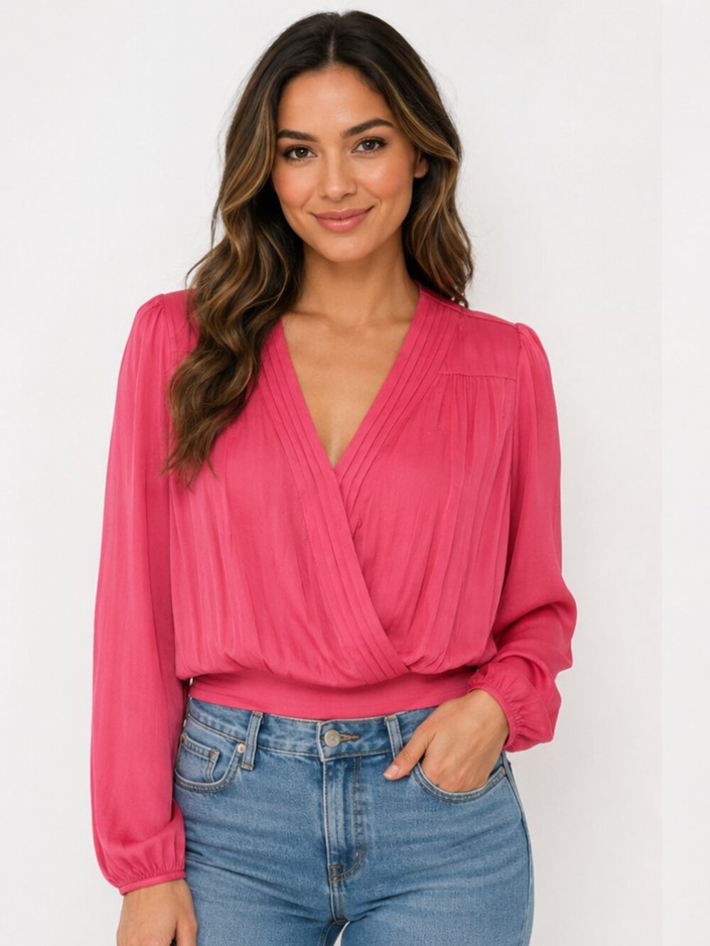 Rachel Roy Women's Pink Surplice Blouse Size M Long Sleeve Satin Trim Wrap Top
